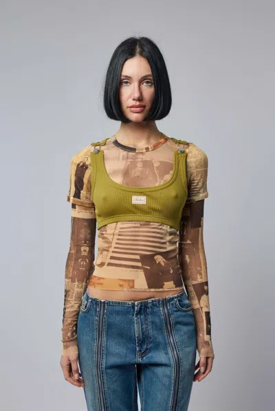 Jean Paul Gaultier Cotton Ribbed Bra With "gaultier" Patch And Overall Buckles In Green