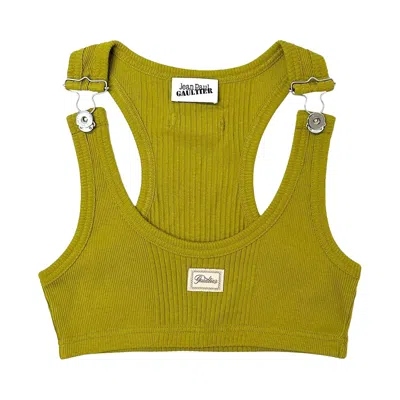 Pre-owned Jean Paul Gaultier Cotton Ribbed Bra With Gaultier Patch And Overall Buckles 'green' | Women's Size