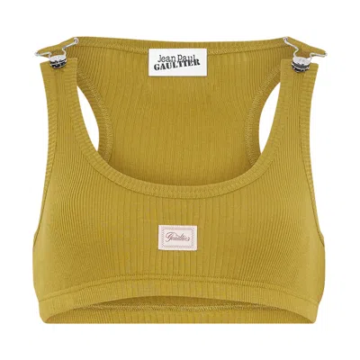 Pre-owned Jean Paul Gaultier Cotton Ribbed Bra With Gaultier Patch/overall Buckles 'green' | Women's Size M