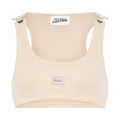 Pre-owned Jean Paul Gaultier Cotton Ribbed Bra With Gaultier Patch/overall Buckles 'nude' | Pink | Women's Siz