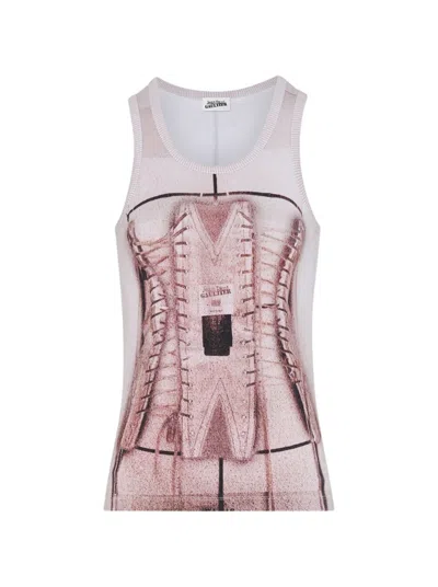 JEAN PAUL GAULTIER JEAN PAUL GAULTIER COTTON RIBBED CORSET TROMPE-L’ŒIL TANK TOP DUSTY PINK