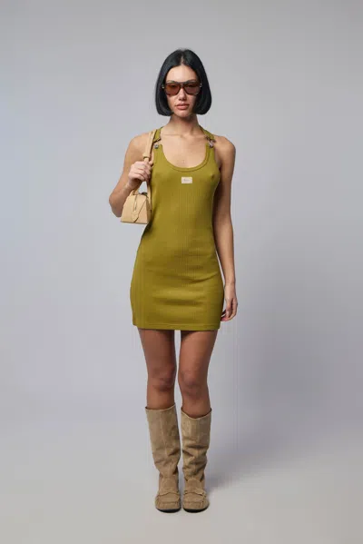 Jean Paul Gaultier Cotton Ribbed Short Dress With "gaultier" Patch And Overall Buckles In Green