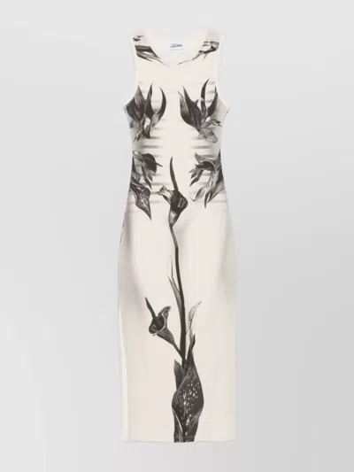 Jean Paul Gaultier Crew Neck Floral Print Midi Dress With Side Slit In Neutrals