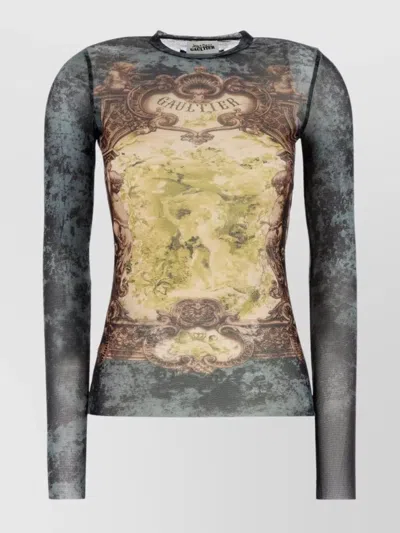 Jean Paul Gaultier Crew Neck Sheer Top With Graphic Print In Multi