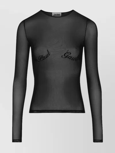 JEAN PAUL GAULTIER CREWNECK LOGO FLOCKED SHEER TOP SLEEVES