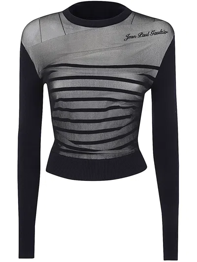 Jean Paul Gaultier Ribbed Mariniere Mesh-layer Crewneck Sweater In Black