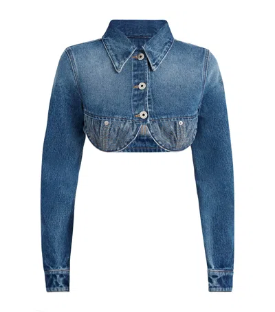 Jean Paul Gaultier Denim Cropped Jacket With Topstitching Details On Cups In Blue