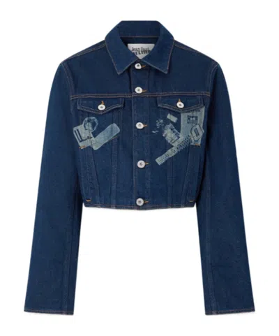 Jean Paul Gaultier Womens Vintage Blue Printed Cropped Denim Jacket