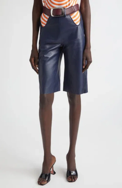 Jean Paul Gaultier Cutout Belted Leather Bermuda Shorts In Blue