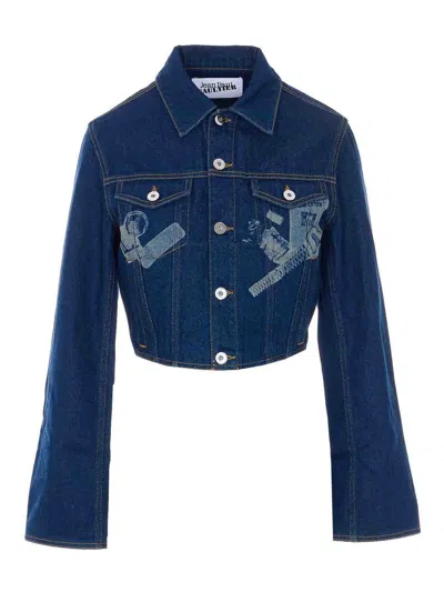 Jean Paul Gaultier Womens Vintage Blue Printed Cropped Denim Jacket
