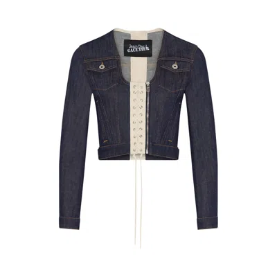 Pre-owned Jean Paul Gaultier Denim Jacket With Lacing Detail 'indigo/beige' | Blue | Women's Size Xl