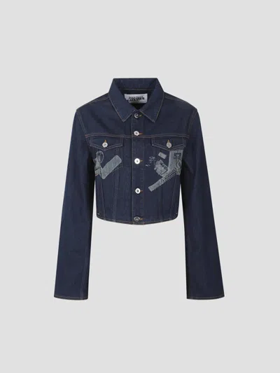 Jean Paul Gaultier Womens Vintage Blue Printed Cropped Denim Jacket