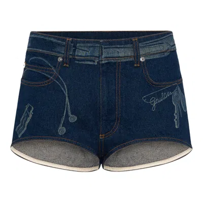 Pre-owned Jean Paul Gaultier Denim Mini Shorts With Trompe L'oeil Print 'vintage Blue' | Women's Size 26