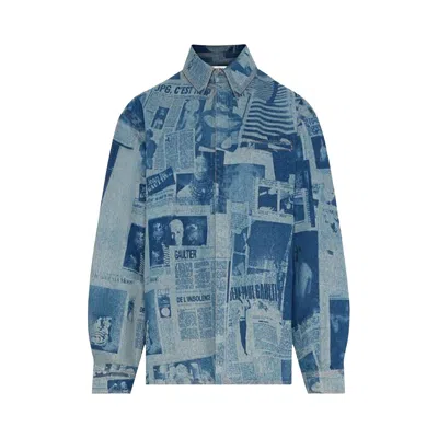 Pre-owned Jean Paul Gaultier Denim Shirt With Newspaper Print 'indigo/beige' | Blue | Women's Size S