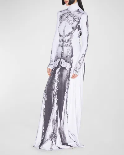 Jean Paul Gaultier Dentelle Trompe Loeil Jersey Long-sleeve Backless Maxi Dress In 0100-white/black