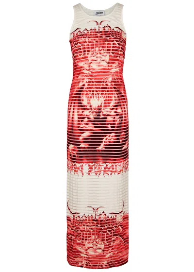 Jean Paul Gaultier Diablo Printed Devoré Maxi Dress In White And Red