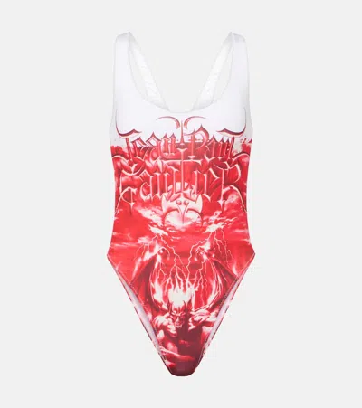 Jean Paul Gaultier Diablo Printed Swimsuit In White/red
