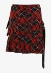 Jean Paul Gaultier Pleated Mesh Short Skirt Printed Distorted Tartan In Red