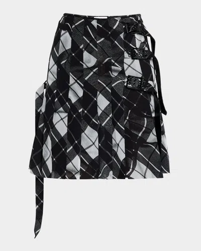 Jean Paul Gaultier Distorted Tartan-print Pleated Mesh Mini Skirt In Multi