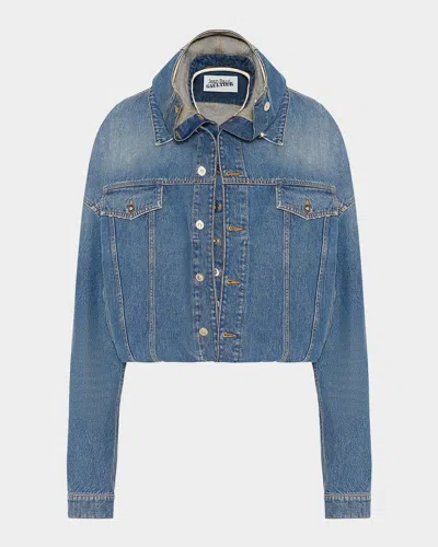 Jean Paul Gaultier Double Layer Denim Jacket With Hood In Blue