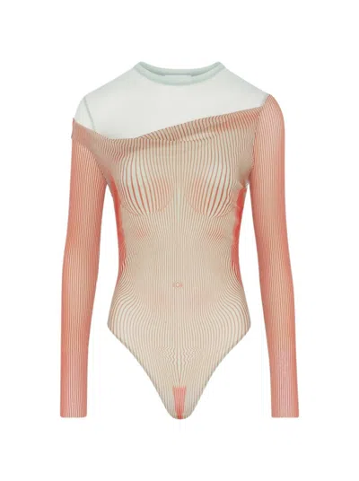 Jean Paul Gaultier Double Layer Pinstripe Body Morphing Bodysuit Mint And Coral In Orange