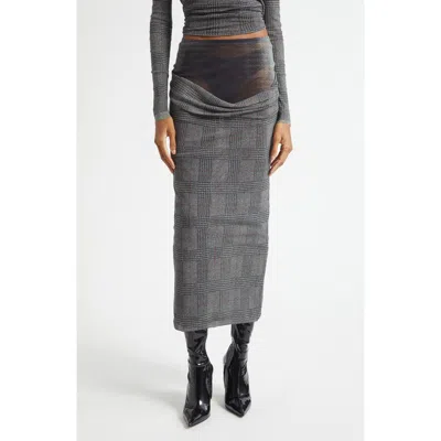 Jean Paul Gaultier Double Layer Prince Of Wales Print Mesh Midi Skirt In Gray