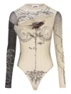 Jean Paul Gaultier Tattoo Print Cutout Double Layer Mesh Thong Bodysuit In Neutral