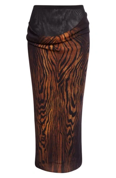 Jean Paul Gaultier Double Layer Wood Print Mesh Midi Skirt In Multi