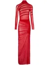 Jean Paul Gaultier Gaultier & Mariniere Turtleneck Draped Mesh Dress In Red