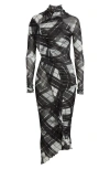 Jean Paul Gaultier Distorted Tartan-print Draped Mesh Maxi Dress In Black/grey/white