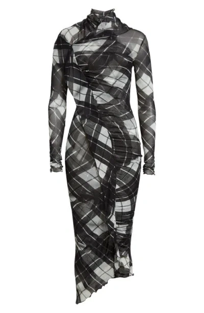 Jean Paul Gaultier Distorted Tartan-print Draped Mesh Maxi Dress In Multi