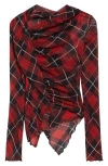 Jean Paul Gaultier Draped Plaid Long Sleeve Mesh Top In Red/black/white