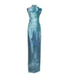 Jean Paul Gaultier Women Printed Long Sleeveless Satin Dress With Cuffling Detail On The Back In Blue