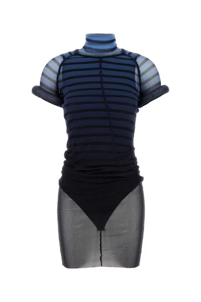 Jean Paul Gaultier Sheer Striped Mesh Dress With Short Sleeves In Blue