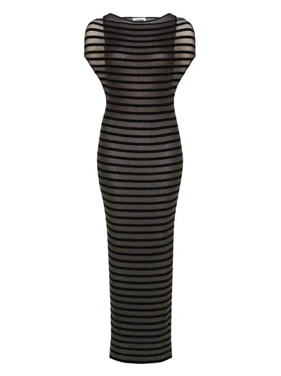 Jean Paul Gaultier Nylon Long Dress With Viscose Mariniere Stripes In Black