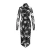 Jean Paul Gaultier Distorted Tartan-print Draped Mesh Maxi Dress In Black