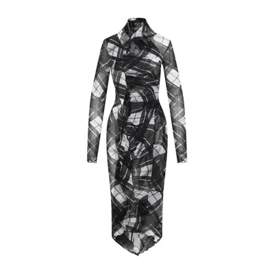 Jean Paul Gaultier Distorted Tartan-print Draped Mesh Maxi Dress In Multi