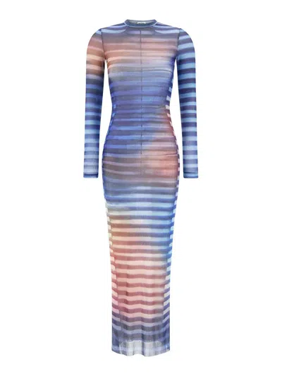 Jean Paul Gaultier Mesh Striped Bodycon Maxi Dress In Blue