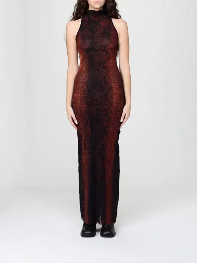 Jean Paul Gaultier High-neck Midi Dress With Snake Print In Silk And Nylon In Brown