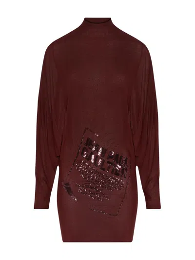 Jean Paul Gaultier Sequin-embellished High-neck Dress In Burgundy