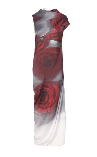 Jean Paul Gaultier Red Blurry Roses Asymmetrical Dress In Multi