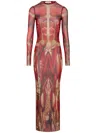 Jean Paul Gaultier Fitted Column Mesh Long Dress With Anatomical Print In Multicolor