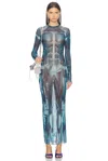 Jean Paul Gaultier Mesh Long Dress With Anatomical Print In Blue  Light Blue  & White