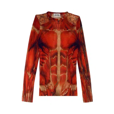 Pre-owned Jean Paul Gaultier Ecorche Mesh Printed Long-sleeve 'red/orange/green'