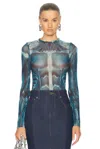 Jean Paul Gaultier Ecorche Mesh Printed Long Sleeve Top In Blue  Light Blue  & White