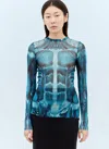 Jean Paul Gaultier Ecorche Mesh Printed Long Sleeve Top In Blue