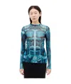 Jean Paul Gaultier Ecorche Mesh Printed Long Sleeve Top In Blue