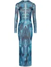Jean Paul Gaultier Mesh Long Dress With Anatomical Print In Blue