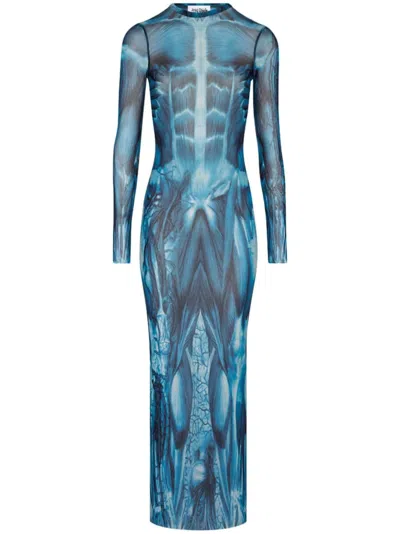 Jean Paul Gaultier Mesh Long Dress With Anatomical Print In Blue