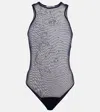Jean Paul Gaultier Embellished Printed Mesh Bodysuit In Navy/white/silver
